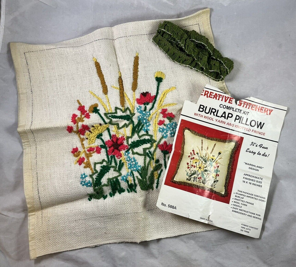 Crewel Floral Pillow Kit Almost Complete 16 x 16 Creative Stitchery Vintage